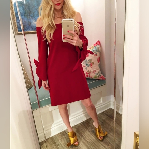 Tibi Off The Shoulder Dress in Crimson Red - Picture 1 of 7